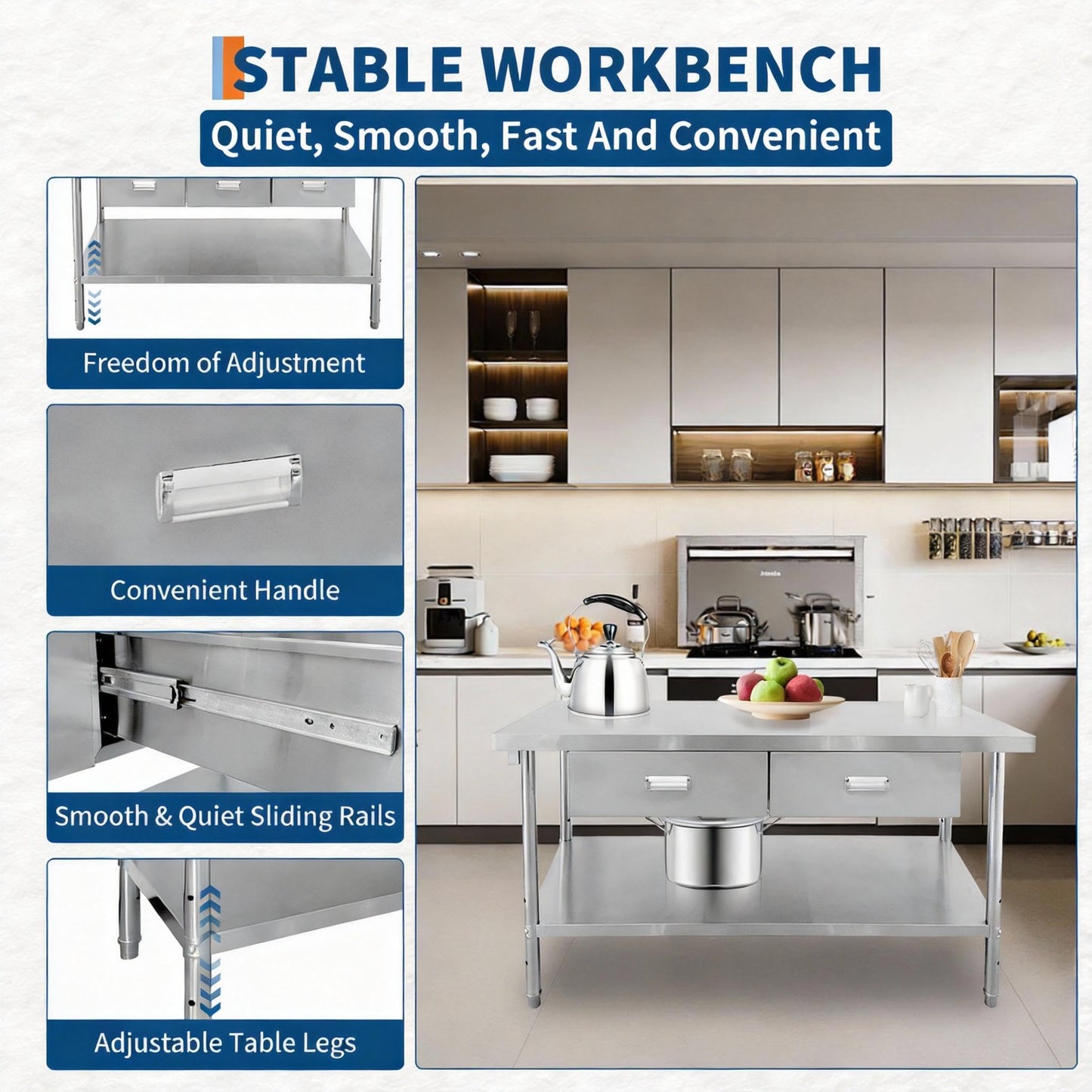 Stainless Steel Table with 2 Drawers, 48" x 24" Prep Table for Commercial Kitchen, Heavy-Duty NSF Work Tables Workbench with Adjustable Undershelf for Home Kitchen Restaurant Garage Warehouse