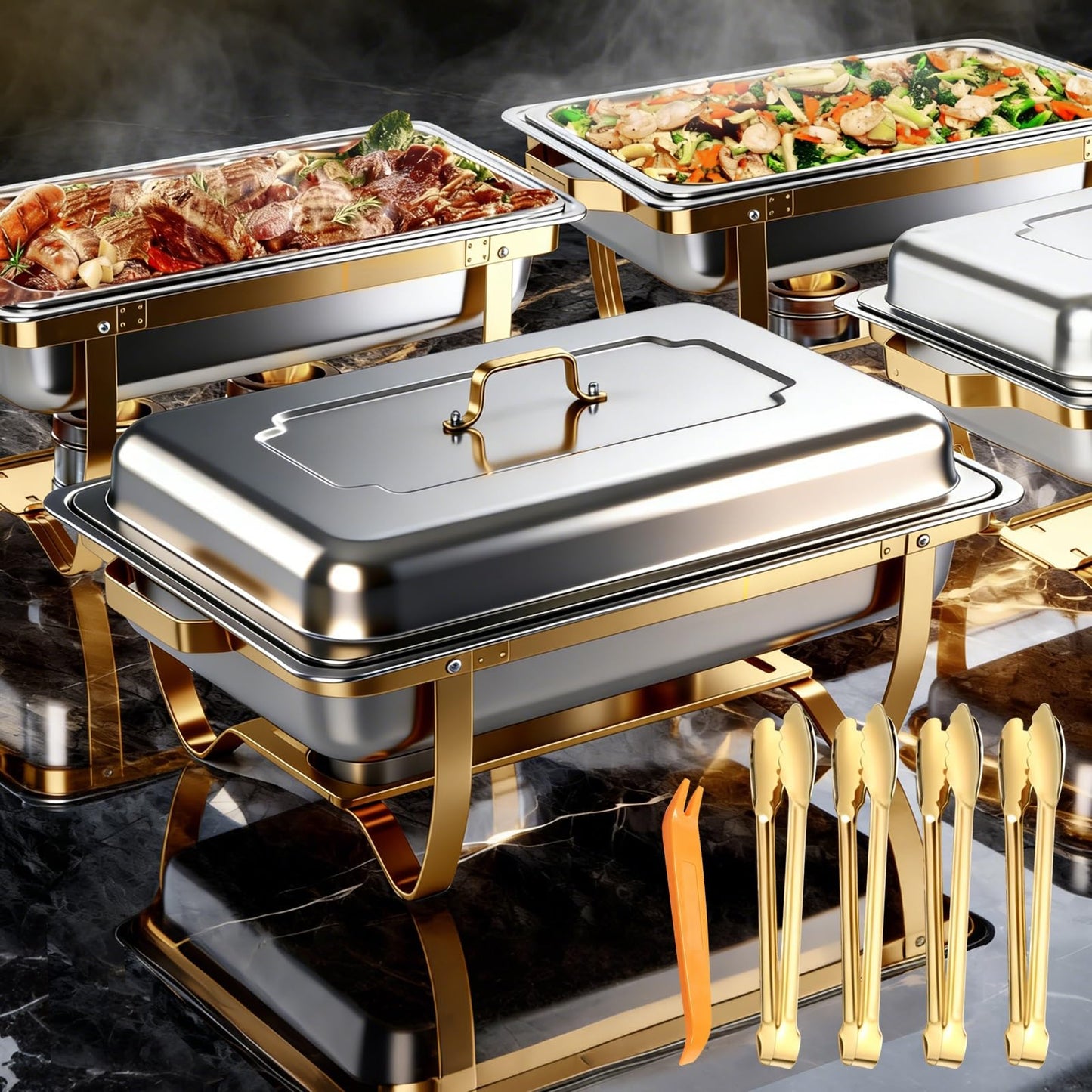 Chafing Dishes for Buffet, 4 Pack 9 QT Rectangular Stainless Steel Catering Chafer with Lids, Buffet Servers and Warmers, Food Warmers for Parties Buffet, Home, Wedding, Christmas Gatherings, (Golden)