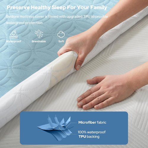 BEDLORE Waterproof Mattress Protector - Cal King Size with Deep Pocket 6"-18" Depth | Soft Dirt-Proof Cover in Sky Blue