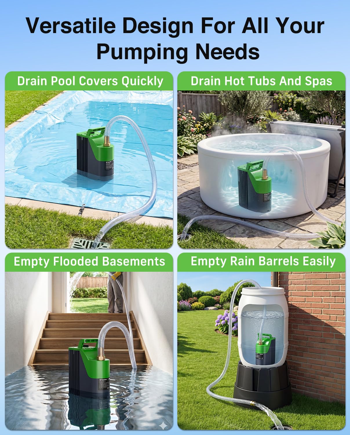 TaskStar Cordless Submersible Water Pump, Portable Battery Powered Utility Transfer Pump with Remote Control, 60-Min Runtime, 30FT Lift for Pool Cover, Hot Tub, Basement and Garden