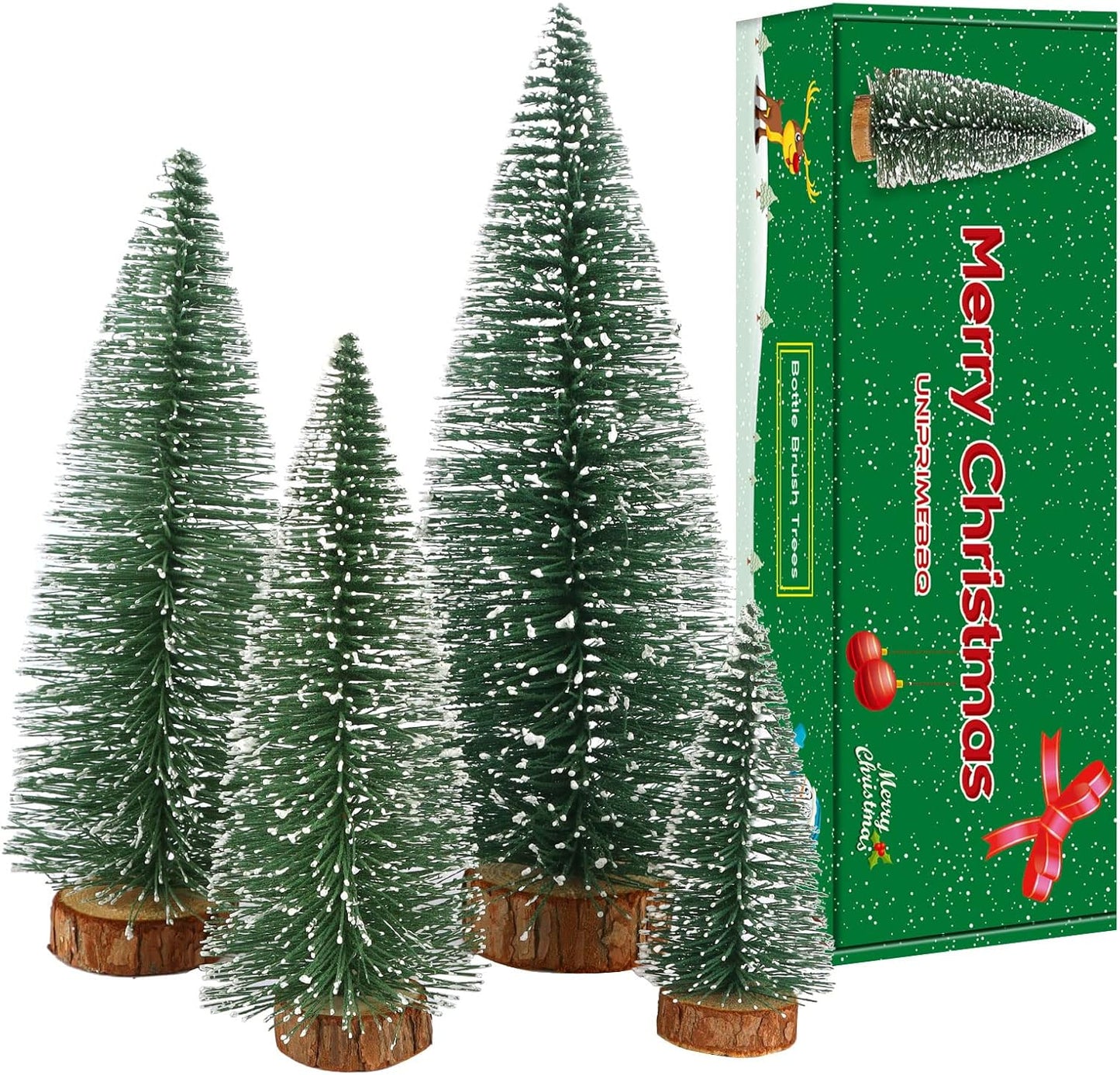 Skiennix Mini Christmas Tree - Small Pine Tabletop Decor with Wooden Bases | Green (Set of 4)