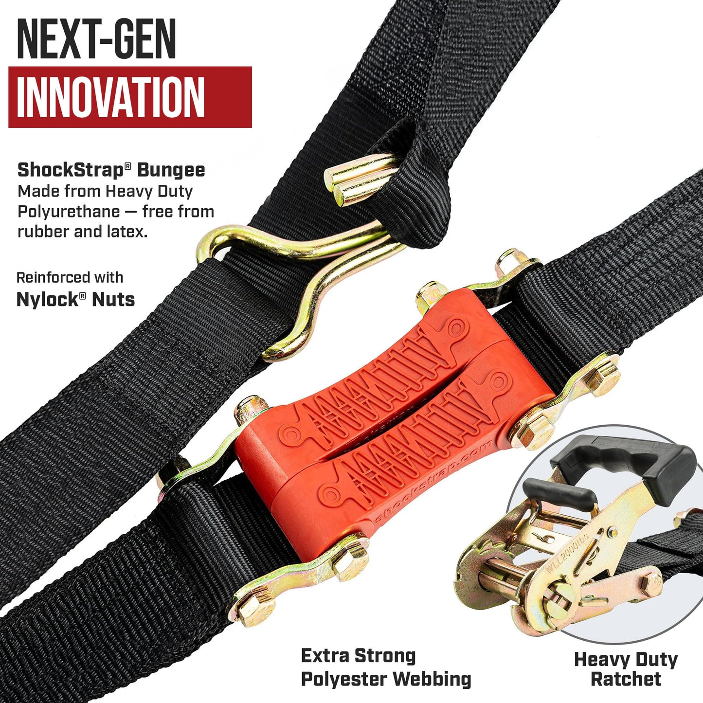 SHOCKSTRAP Ratchet Strap, 9' x 2" Shock Absorbing Heavy Duty Tie downs for Cargo, 2,000 LB WLL / 6,000 LB Break Strength, 4-Pack