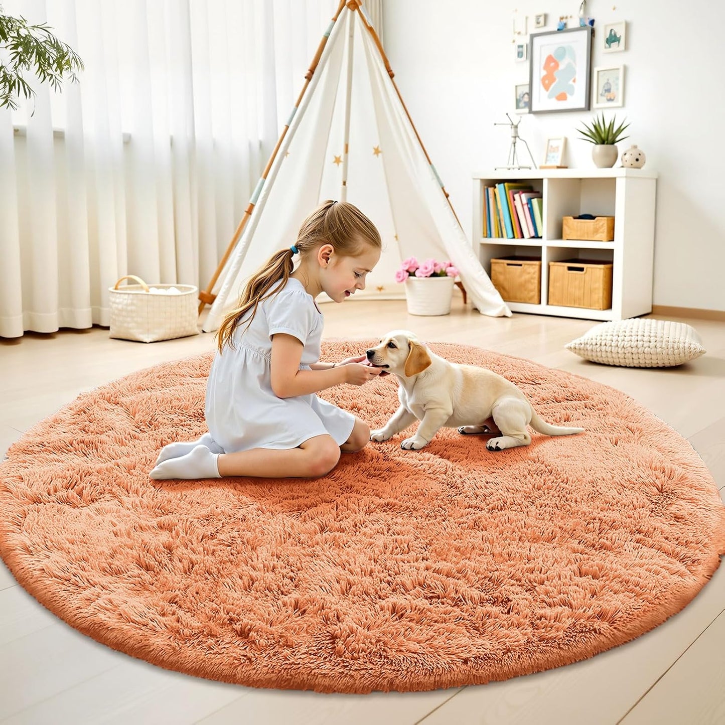 OLANLY Round Area Rug - Soft & Fluffy Muted Orange Shaggy Carpet, 6 ft Circle for Bedroom & Living Room