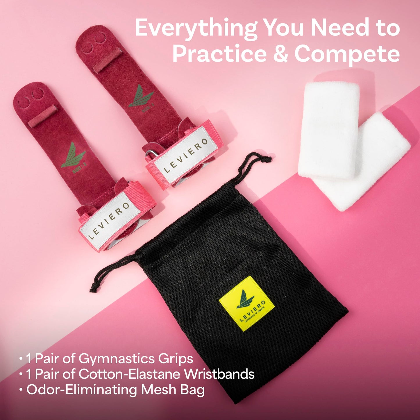 LEVIERO Gymnastics Grips Set, Grips for Gymnastics Girls, Dowel Grips with Soft Leather, Hook and Loop Wrist Straps, and Adjustable Finger Holes, for All Ages - (Pink, 2)