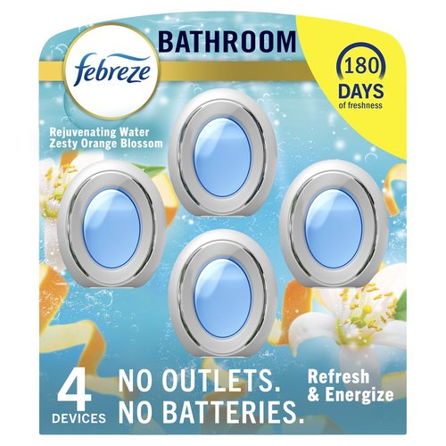 Febreze Bathroom Air Freshener, Odor-Fighting, Plug In Alternative, Air Fresheners for Small Spaces in Home, Bathroom, Kitchen, & Closet, Pet & Litter Box Odor Fighter, Refresh & Energize Scent, 4ct