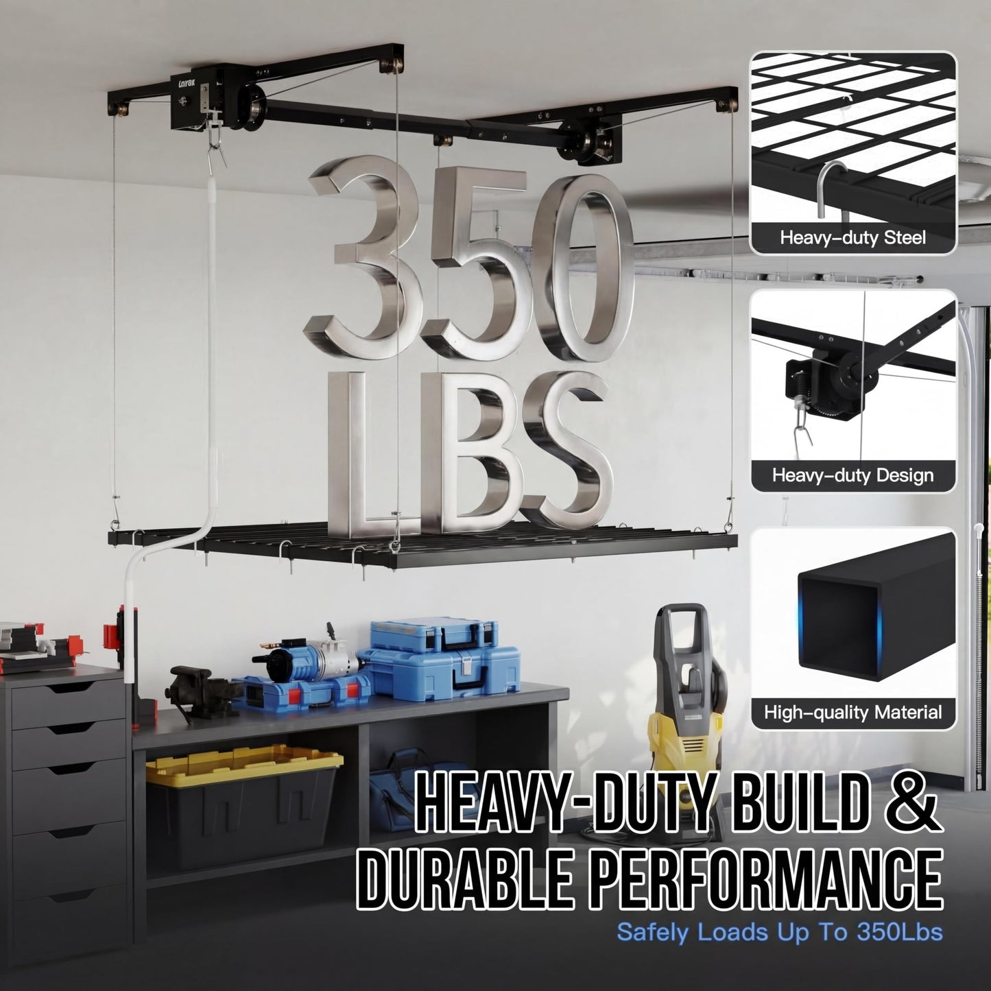 GarveeTech 4x4 ft Overhead Garage Storage Rack, Adjustable Heavy Duty Hanging Garage Ceiling Storage Rack System, 300 Lbs Weight Capacity
