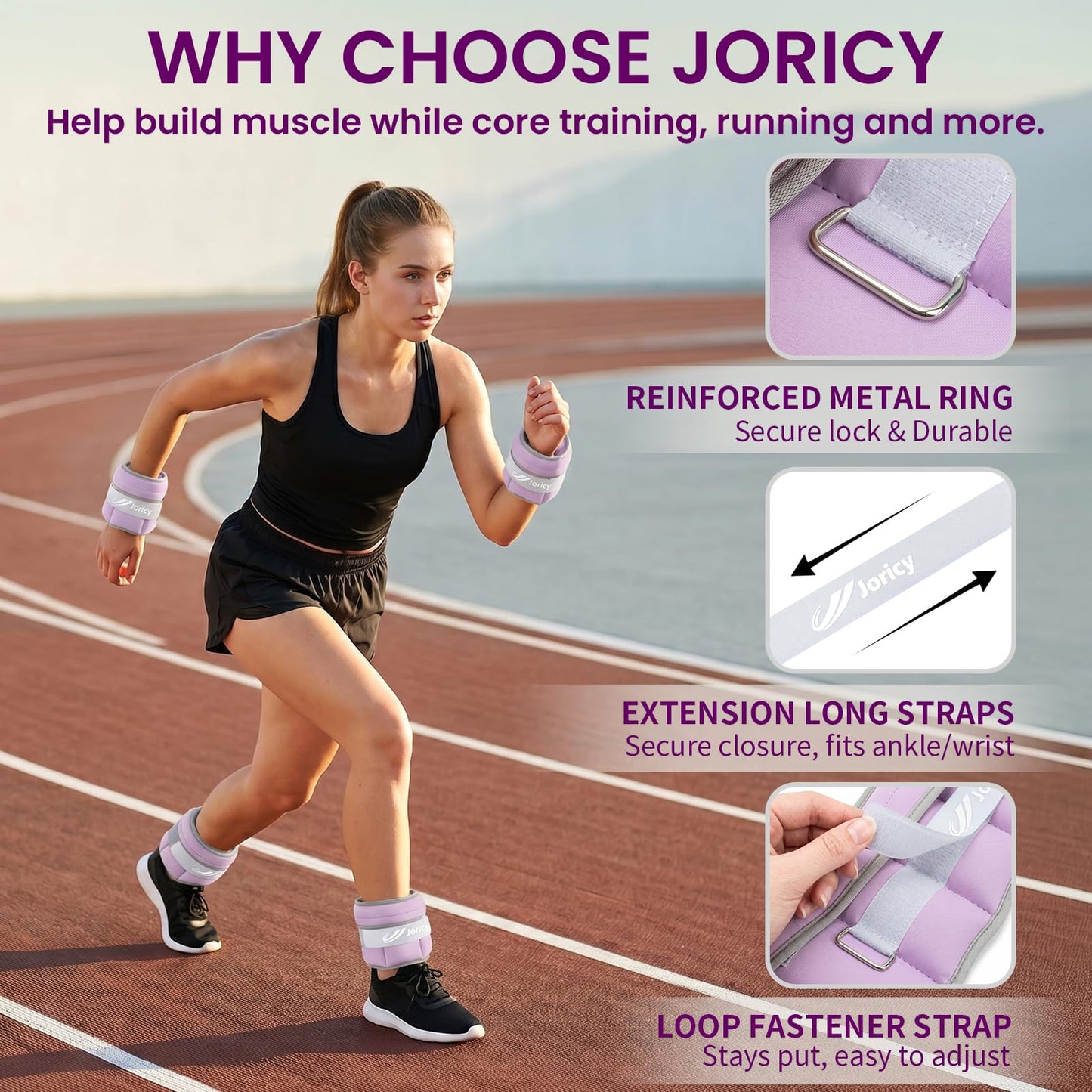 Adjustable Ankle Weights for Women Men 1-6 LBS 1 Pair Wrist Leg Arm Weights with Removable Weight, Strength Training Weight for Jogging, Walking, Running, Fitness, Gym Workout, Purple