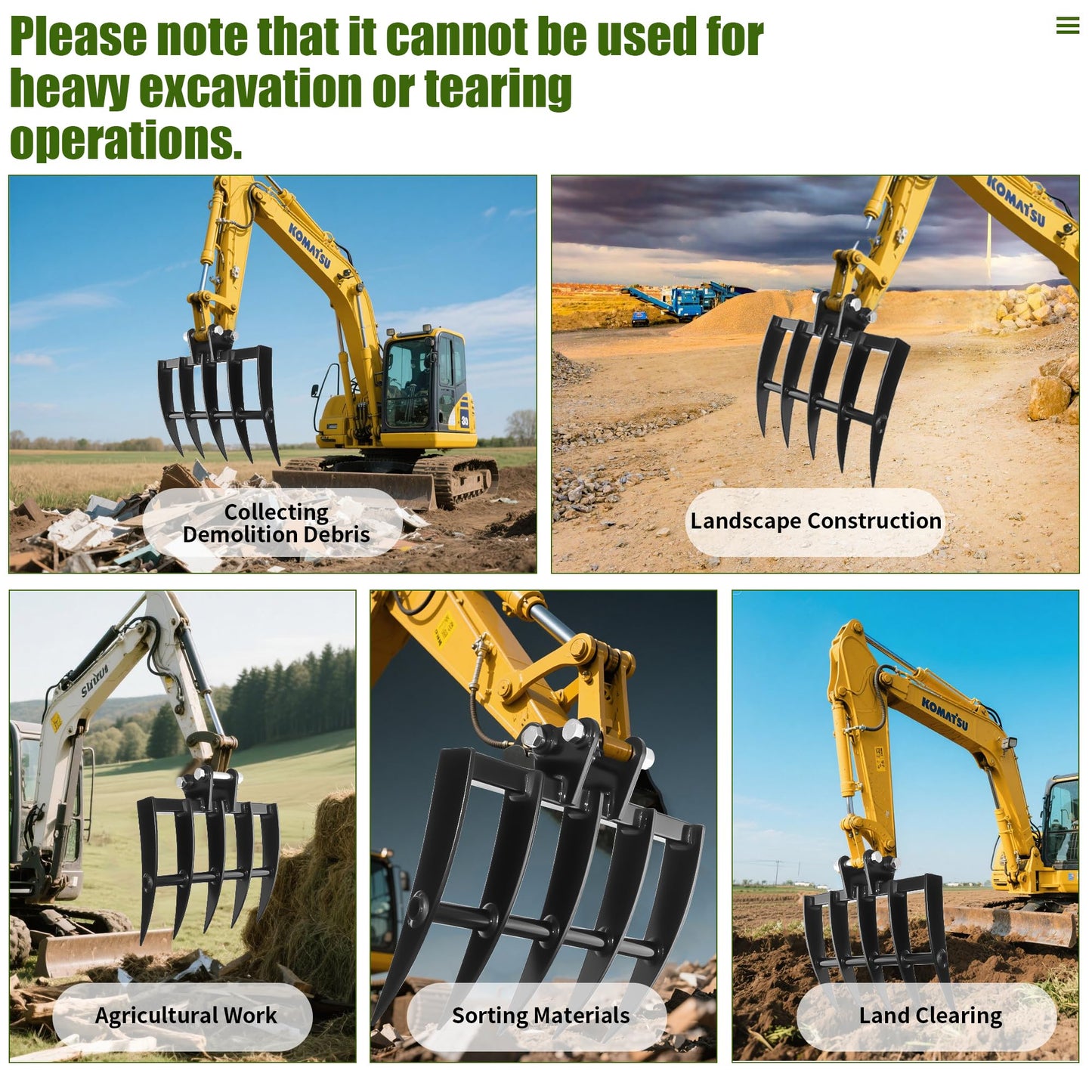 Mini Excavator Rake, Metal Wide Backhoe Rake Fit for 0.8T-1.5T Mini Excavators Attachments Use for Land Clearing, Debris Removing, Soil Spreading
