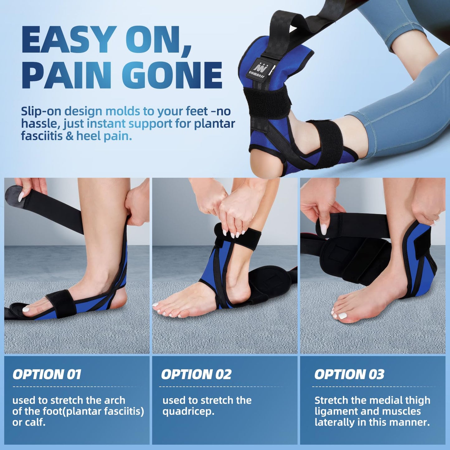 comness Foot and Calf Stretcher Stretching Strap For Plantar Fasciitis, Heel Spurs, Foot Drop, Achilles Tendonitis & Hamstring. Yoga & Leg Stretch Strap. (Blue)