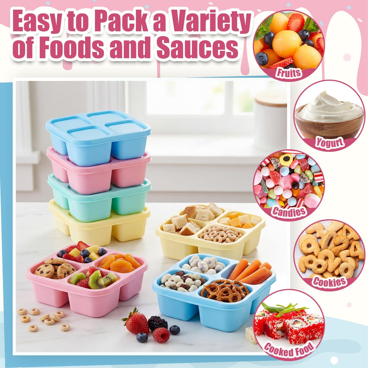 Acellegic 24 Pcs Bento Snack Box Containers Set 4 Compartment Food Storage Container with Lids Reusable Stackable Lunch Box for Family, Work, Travel, Microwave and Dishwasher Safe (4 Color)