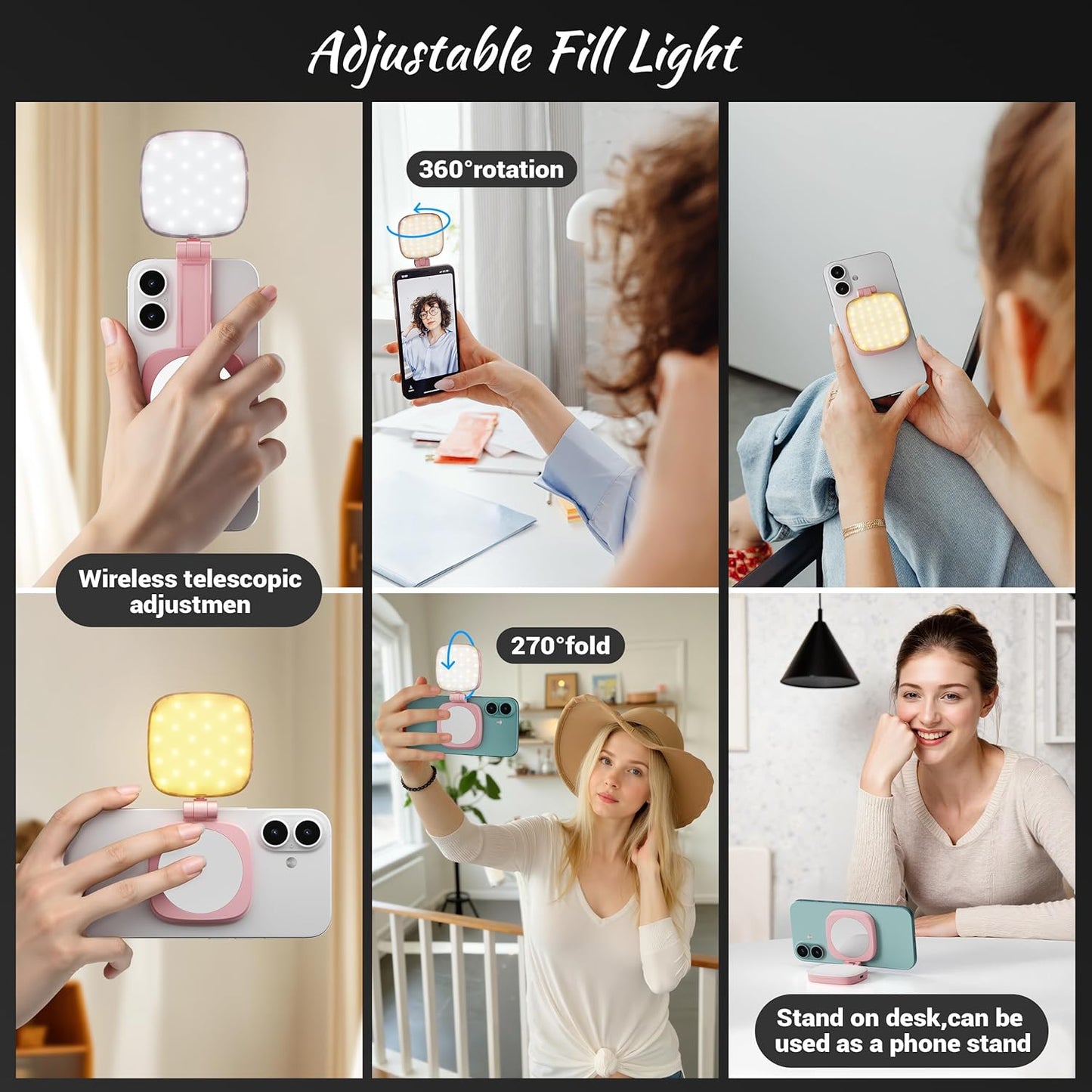 cocobeen 5 Magnetic Selfie Light for Phone: Led Mode with Mirror Compatible for iPhone & Android - Rechargeable