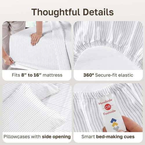California Design Den Full Size Bed Sheets Set - 100% Cotton, 400 TC, Award-Winning Sateen Finish, Deep Pockets - Pinstripe