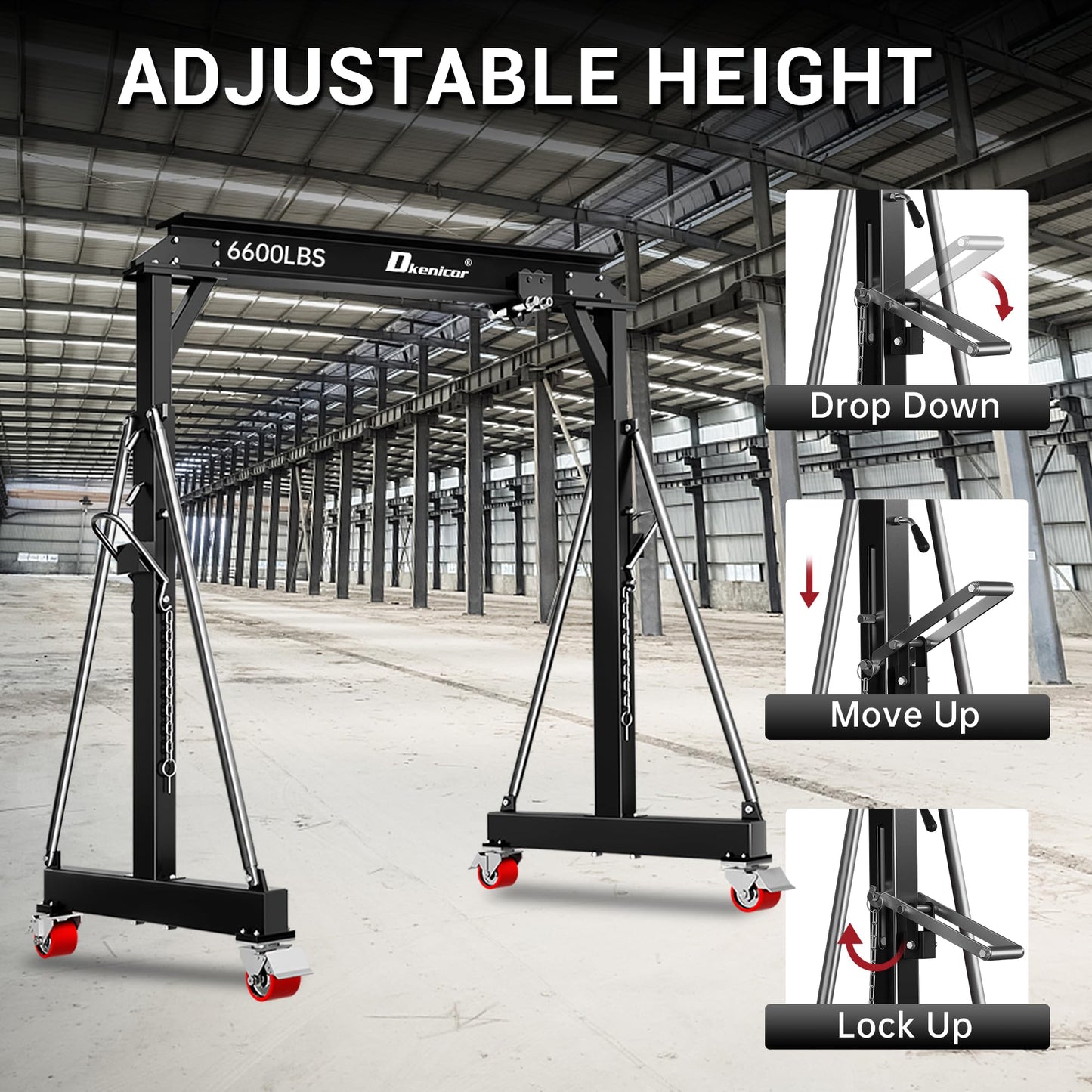 3 Ton 6600LBS Gantry Crane, Adjustable Height 8.53 to 12.47ft, Steel I-Beam Construction Portable Shop Hoist for Factories, Warehouses, Auto Repair, Construction Site, Black