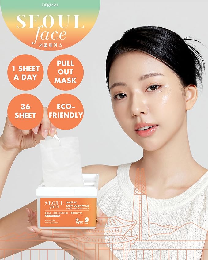 DERMAL Seoul Face Snail 3X Daily Quick Mask 36 Sheet ??Korean Skincare Vegan Tencel Facial Masks - Skin Repairing, Anti Aging Face Mask Sheets with Ginseng Root, Green Tea Leaf Extract