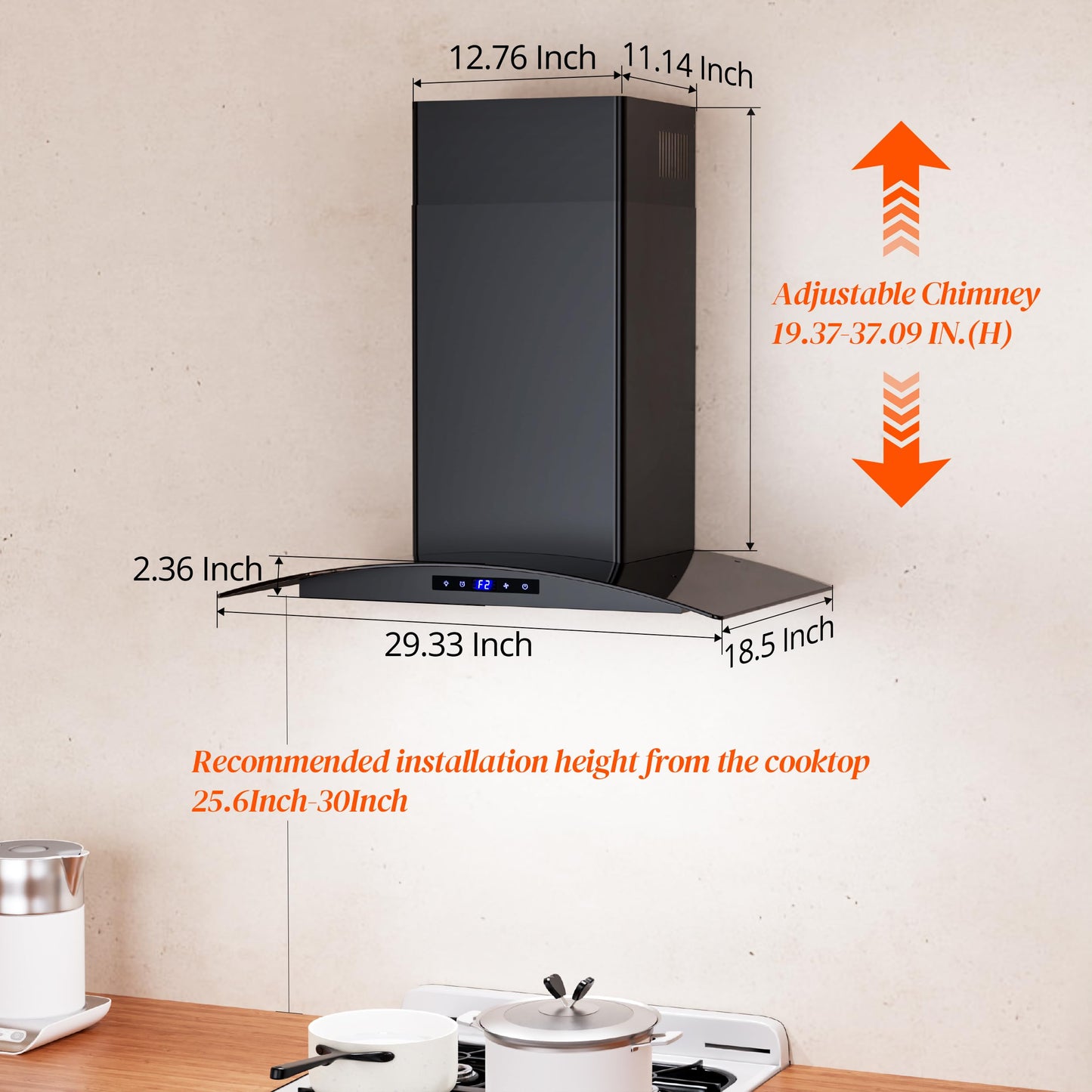 FIREGAS Range Hood 30 inch, 600 CFM Wall Mount Glass Kitchen Hood Ducted/Ductless Convertible with 3-Speed Fan, Screen Control, Time Setting, LED Lights, Black Painted Stainless Steel Vent Hood