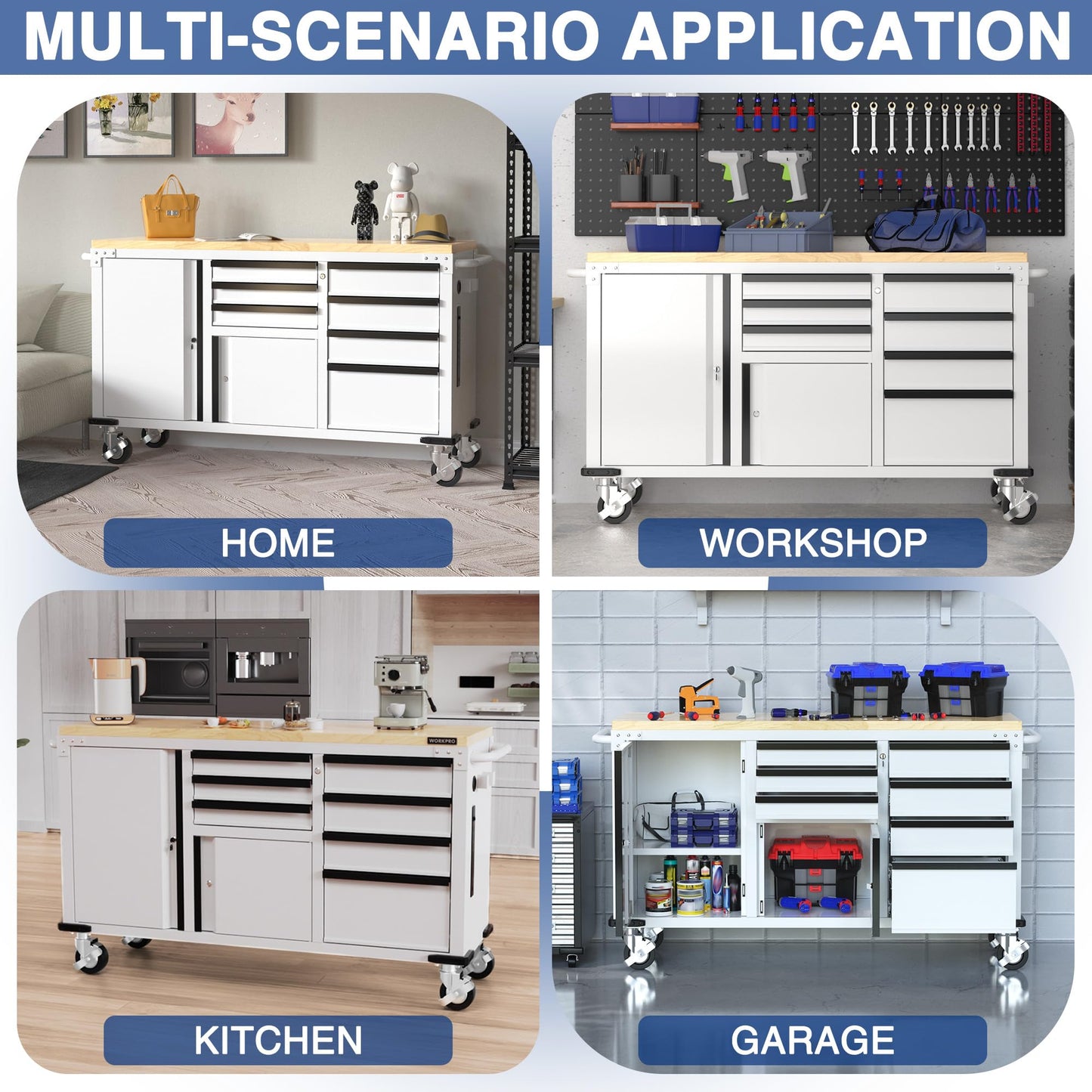 WORKPRO 62" Rolling Tool Chest, Heavy Duty Mobile Tool Storage Cabinet with 7-Drawer & 2-Door, Power Strip, Locking System, 1000 LBS Capacity Rolling Cabinet for Garage, Kitchen & Warehouse