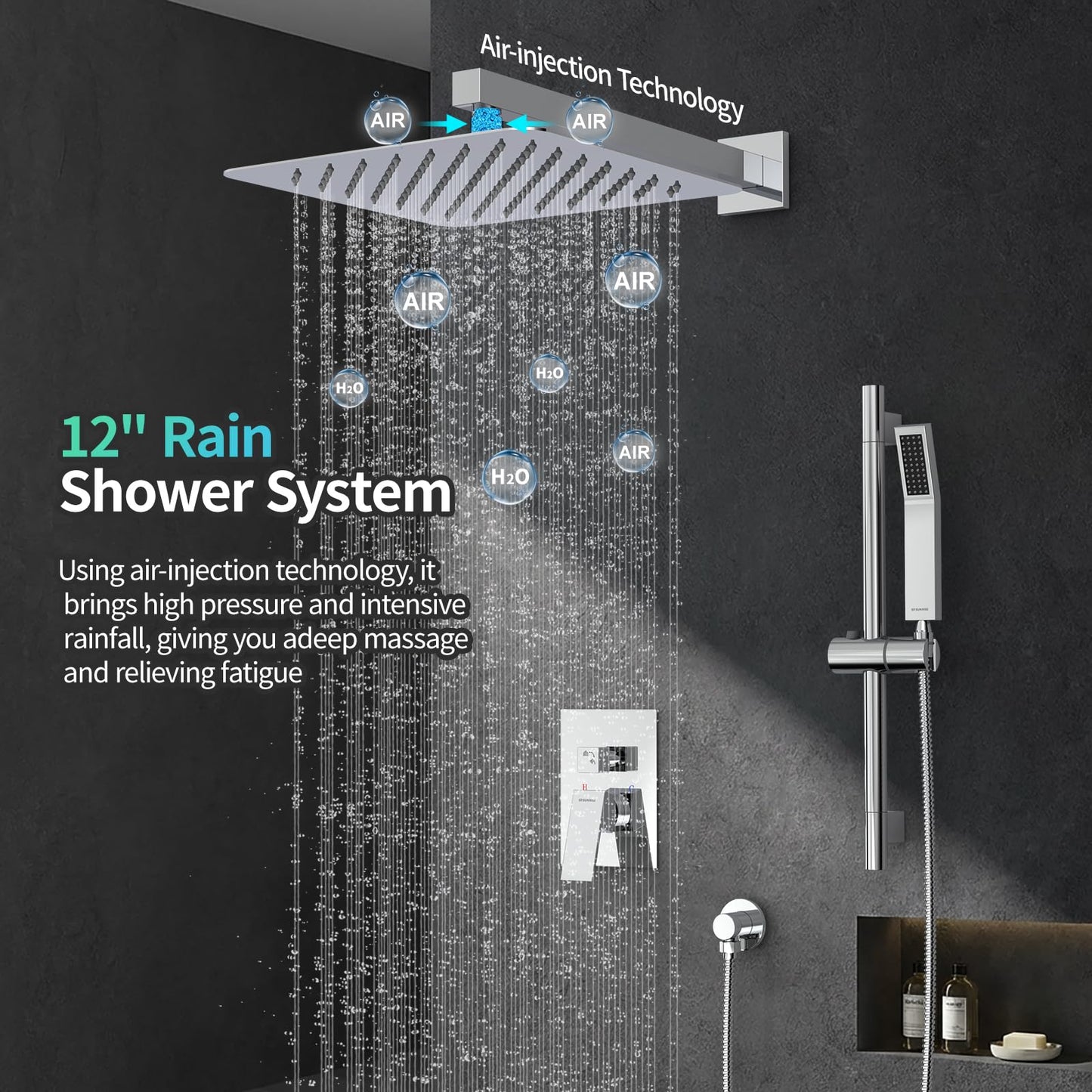SR SUN RISE 12 Inch Slide Bar Shower System, Square Rain Shower Head and Handheld Spray, Wall Mounted Shower Faucets Sets Complete Included Valve and Shower Trim Kit, Polished Chrome