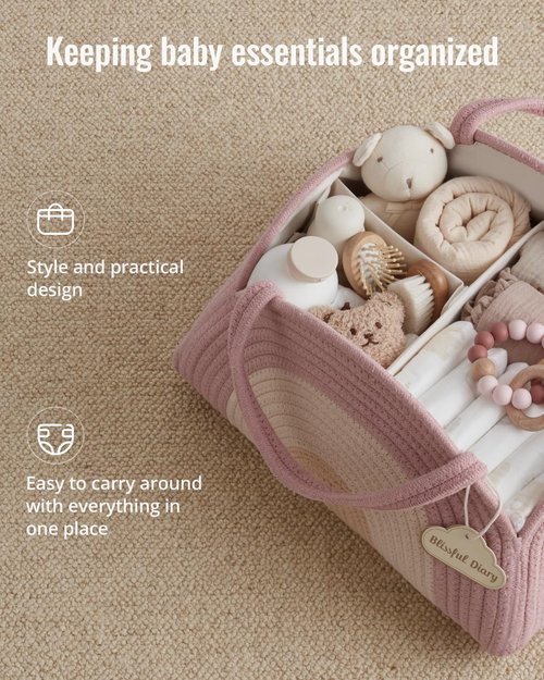 Blissful Diary Baby Diaper Caddy Organizer - Large Cotton Rope Storage Basket for Newborns | Blush Rainbow