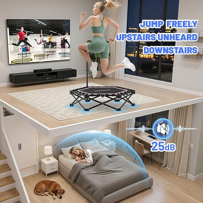 Foldable Mini Trampoline, Rebounder Trampoline with Adjustable Foam Handle, Fitness Trampoline for Indoor, Outdoor, Home Gym, Max Load 460lbs