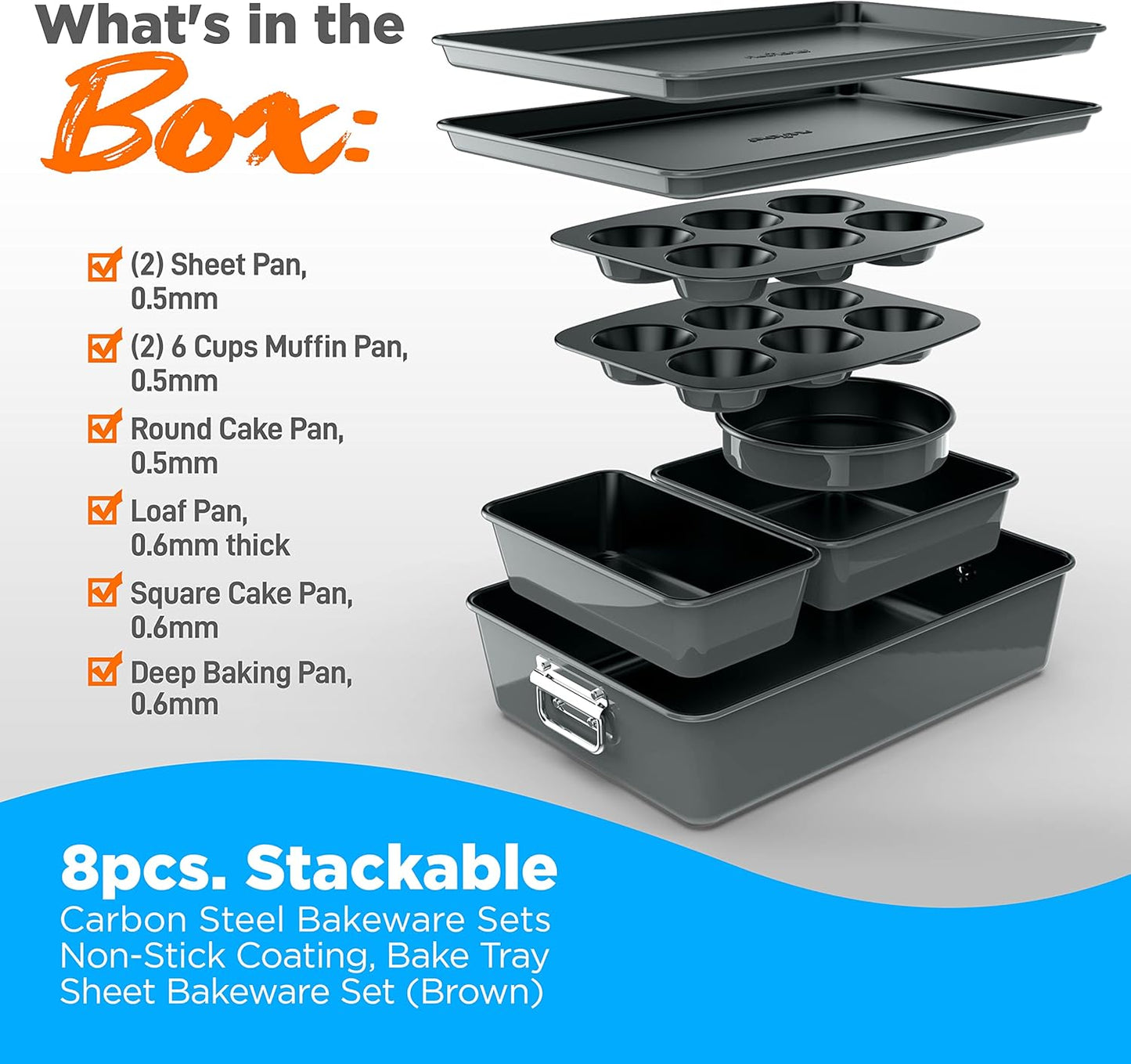 NutriChef 8-Piece Nonstick Bakeware Set - PFOA-Free Baking Pans, Oven Safe to 450°F, Gray