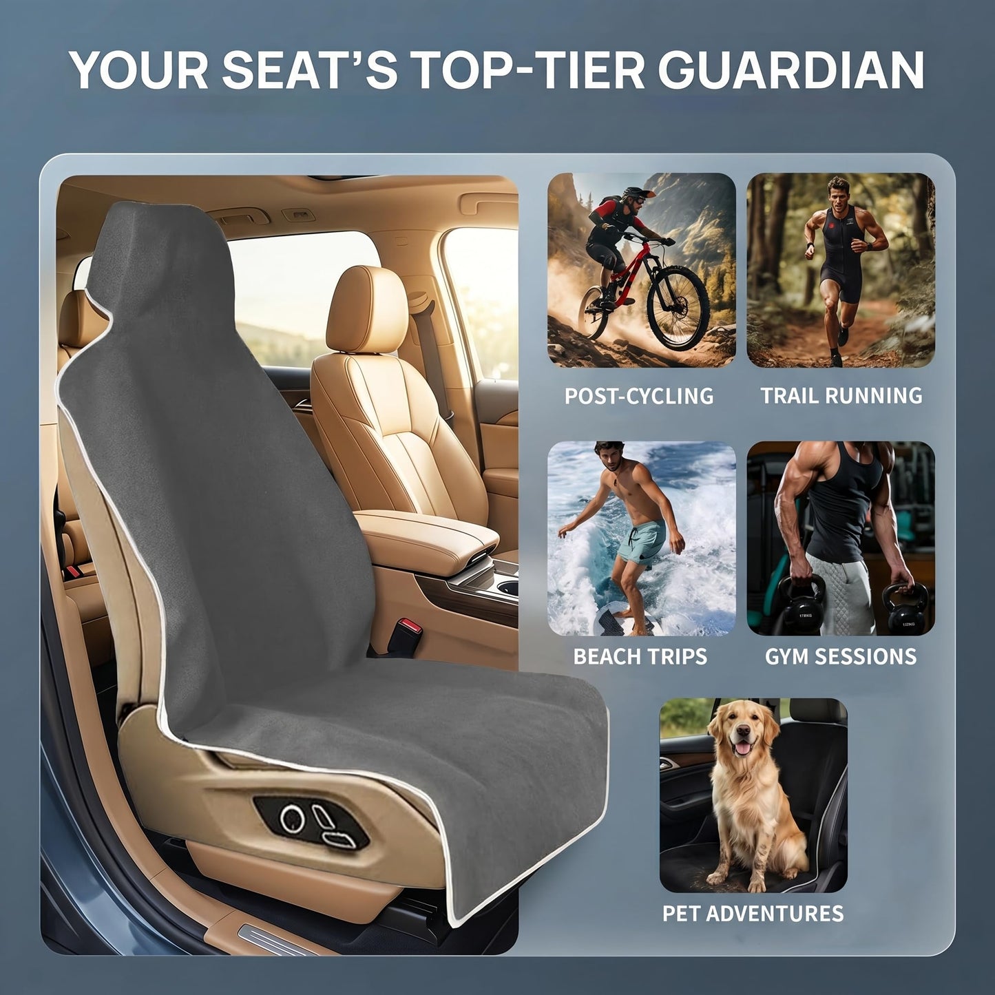 SCOMANAGE Waterproof Stain Resistant Towel Car Seat Covers，Universal Non-Slip for Gym Workout, Swimming, Beach and Workout Outdoor, Machine Washable(Gray, 2 Pack)