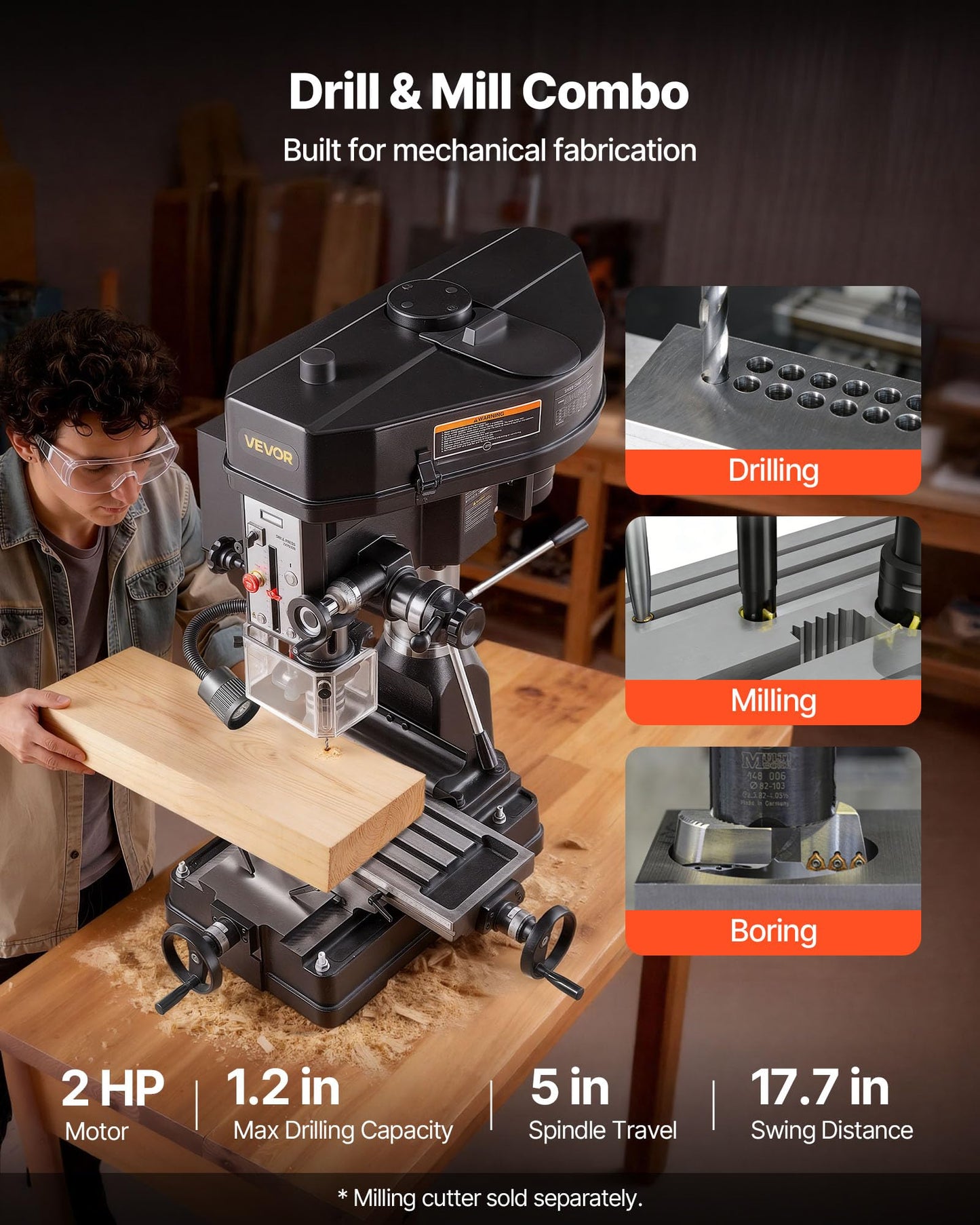 VEVOR 15.875-Inch Mill Drill Machine, 2 HP, Benchtop Milling Drill Press, 150-2560 RPM Adjustable Speed, with Rotating Vise, Laser and Work Light, Milling Drilling Machine, for Woodworking Light Metal