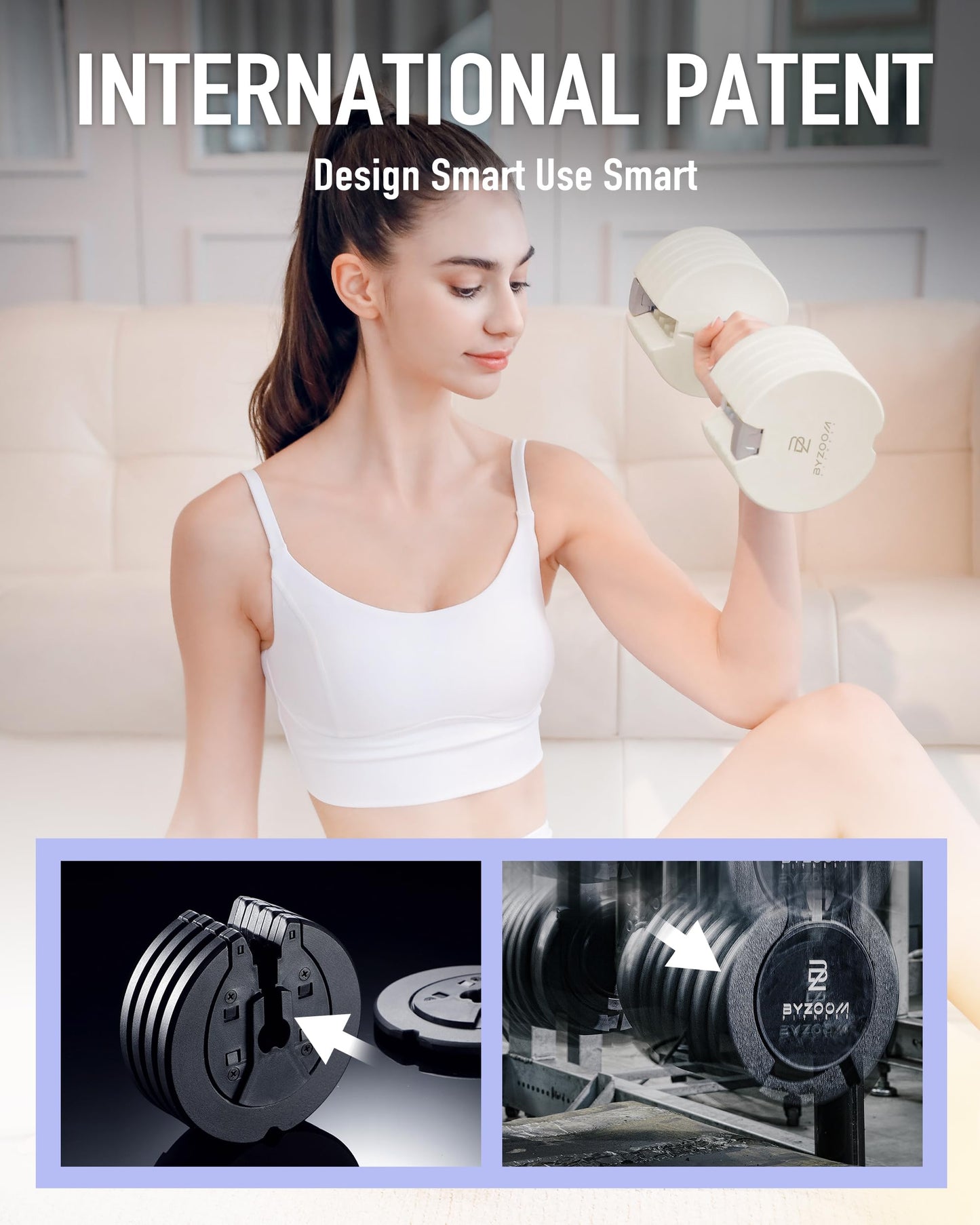 BYZOOM FITNESS Pure Series Adjustable Dumbbell Set 12.5lb Pair – 5-in-1 Compact Free Weights for Home Gym, Patented Easy-Adjust Design, Sleek Aesthetic for Strength Training & Workouts, Off White