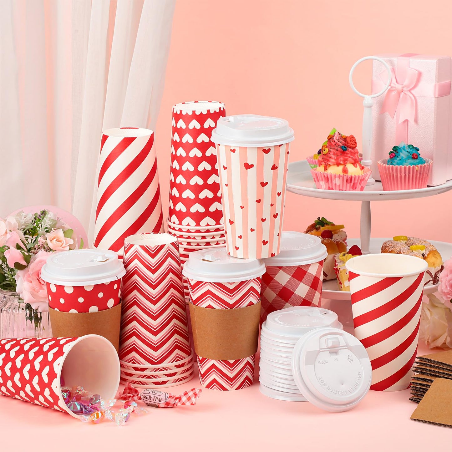 Sosation 180pcs/60 Set Valentine‘s Day Coffee Paper Cups with Lids and Sleeves 16 oz Disposable Hot Cocoa Cups Valentines Pink Paper Beverage Tumbler for Hot Chocolate Coffee Bar Accessories, 6 Styles