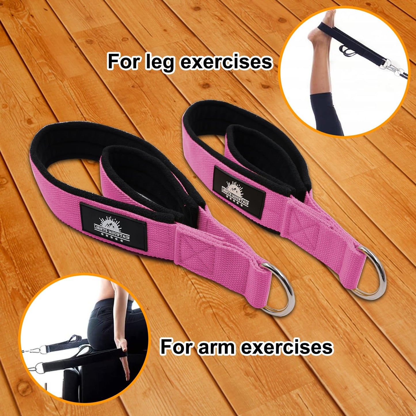 Lights Mountain Durable Pilates Double Loop D-Ring Straps - Padded Handles for Reformer, Yoga & Home Gym Workouts (Pink M)