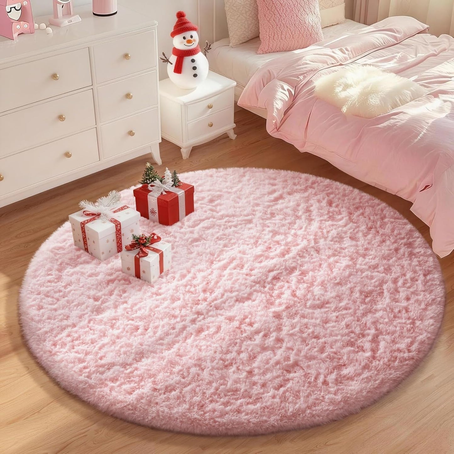 Ophanie Pink Round Area Rug - 5Ft Fluffy Soft Shaggy Carpet for Girls' Bedroom & Nursery Decor