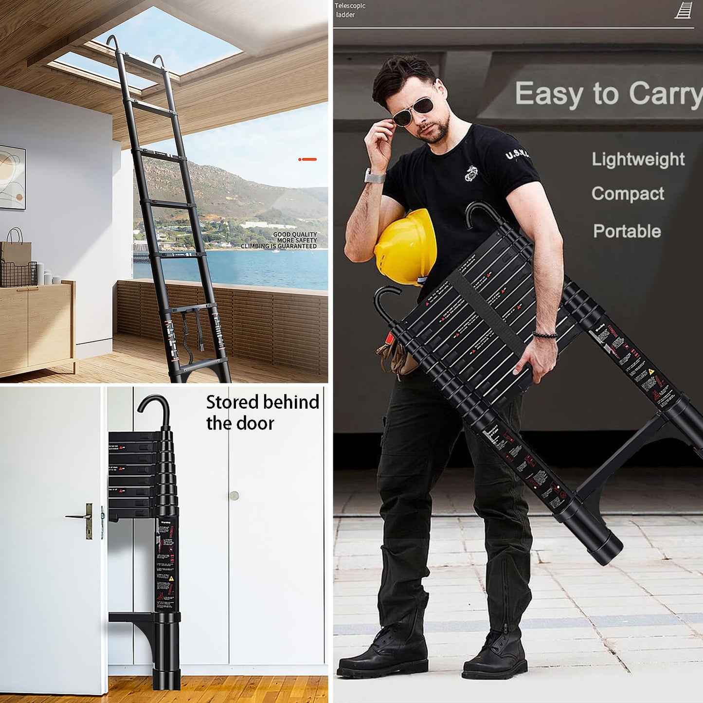 ARCHOM Telescoping Ladder 20 FT - Aluminum Telescopic Ladder with Hooks - Folding Extension Ladders for Home Work Loft Roof Attic RV Ladder with EN131 Certification - 330lbs Max Capacity (Black)