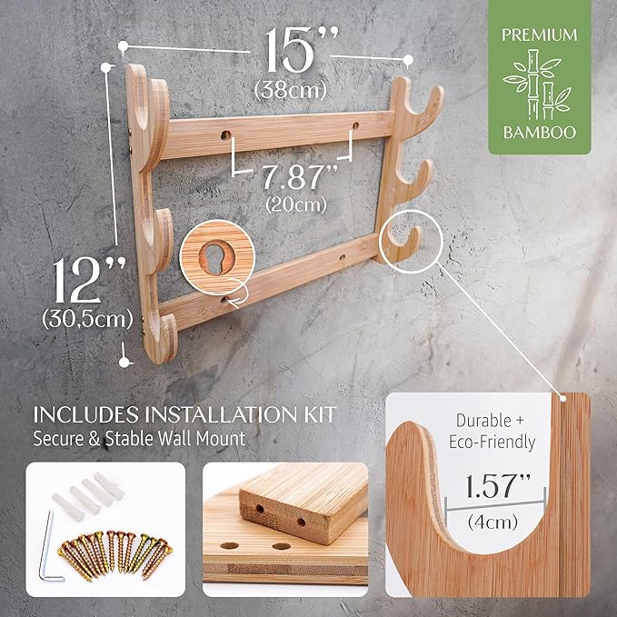 Wall Sword Holder 3 Tier - Bamboo Katana Wall Mount - Sword Mount for Secure Blade Display - Protects Swords, Easy Installation, Space-Saving Design for Home Decor