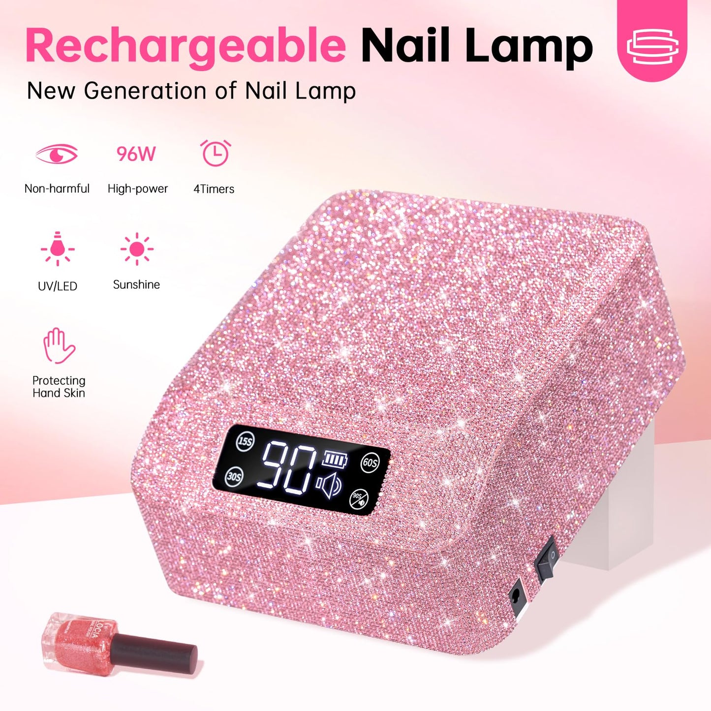 CHRISTINE SHELLY H20 UV Light for Gel Nails, 96W Rechargeable UV Nail Lamp & 504 Nail Dust Collector, Bling Diamond Rechargeable 5000RPM Vacuum Nail Tech Fan Extractor