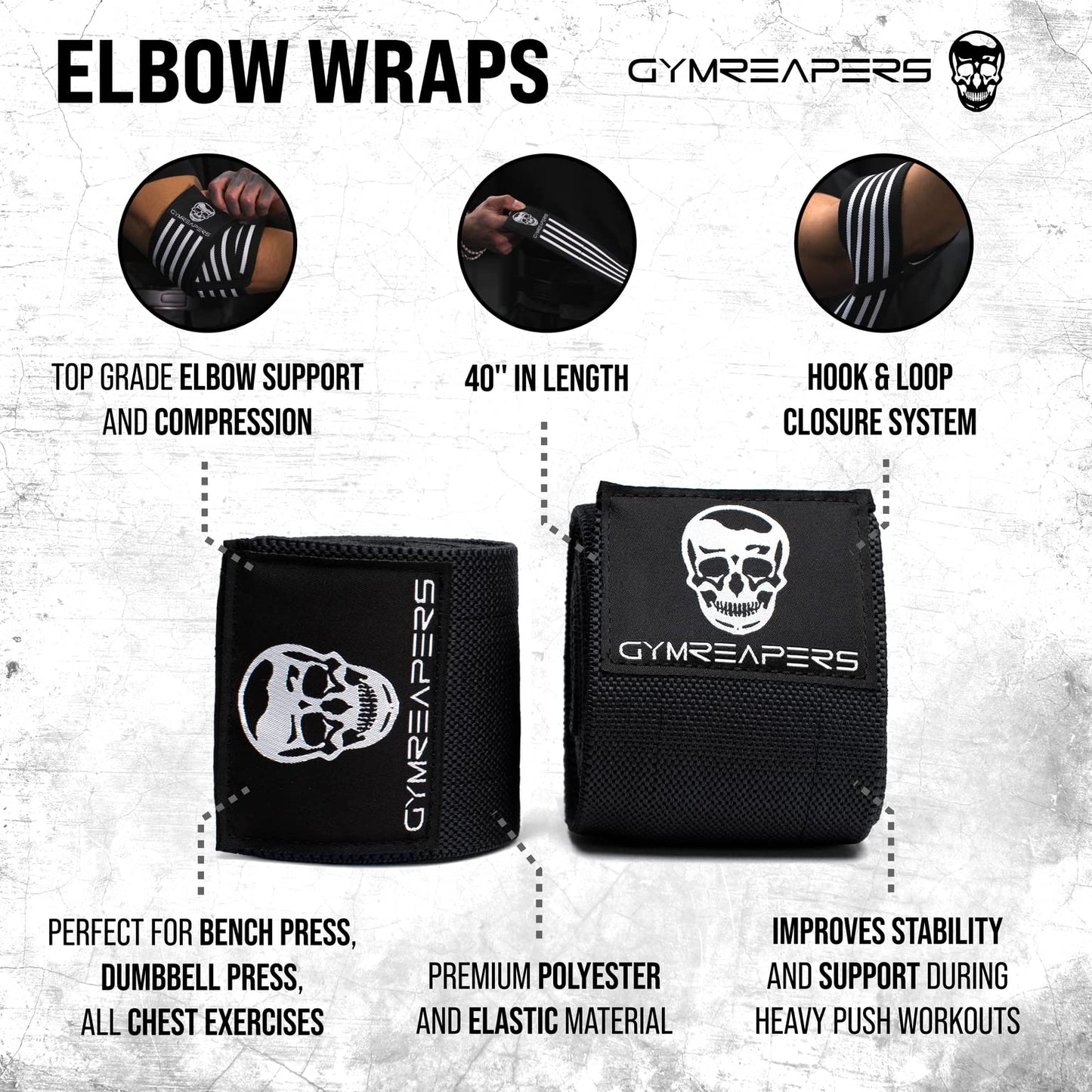 Gymreapers Weightlifting Elbow Wraps (1 Pair) - Flexible 40'' Elbow Compression Strap & Joint Support Brace - For Bench Press, Powerlifting, and Pressing (Black)