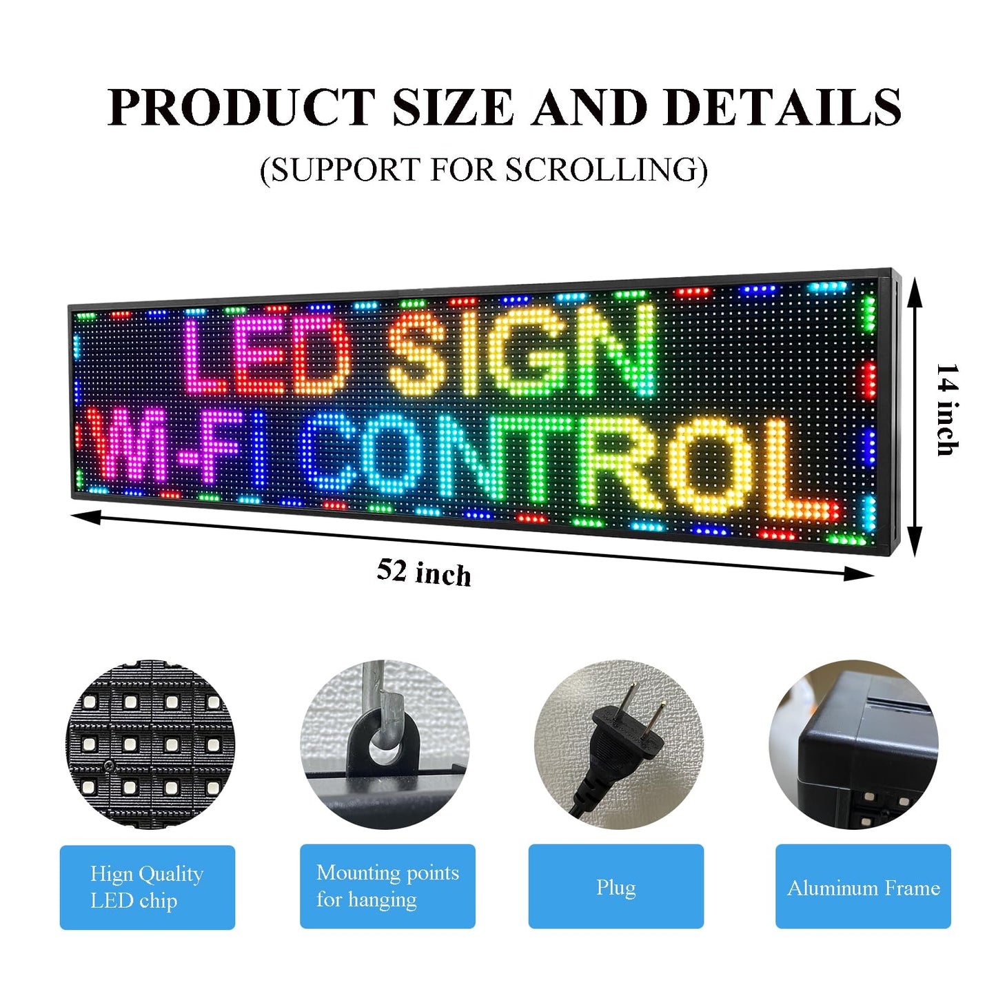 IFHSHYH P10 Outdoor Led Sign 52”x14” RGB Full Color WiFi Programmable Bright LED Scrolling Message Display Board, Perfect Solution for Advertising