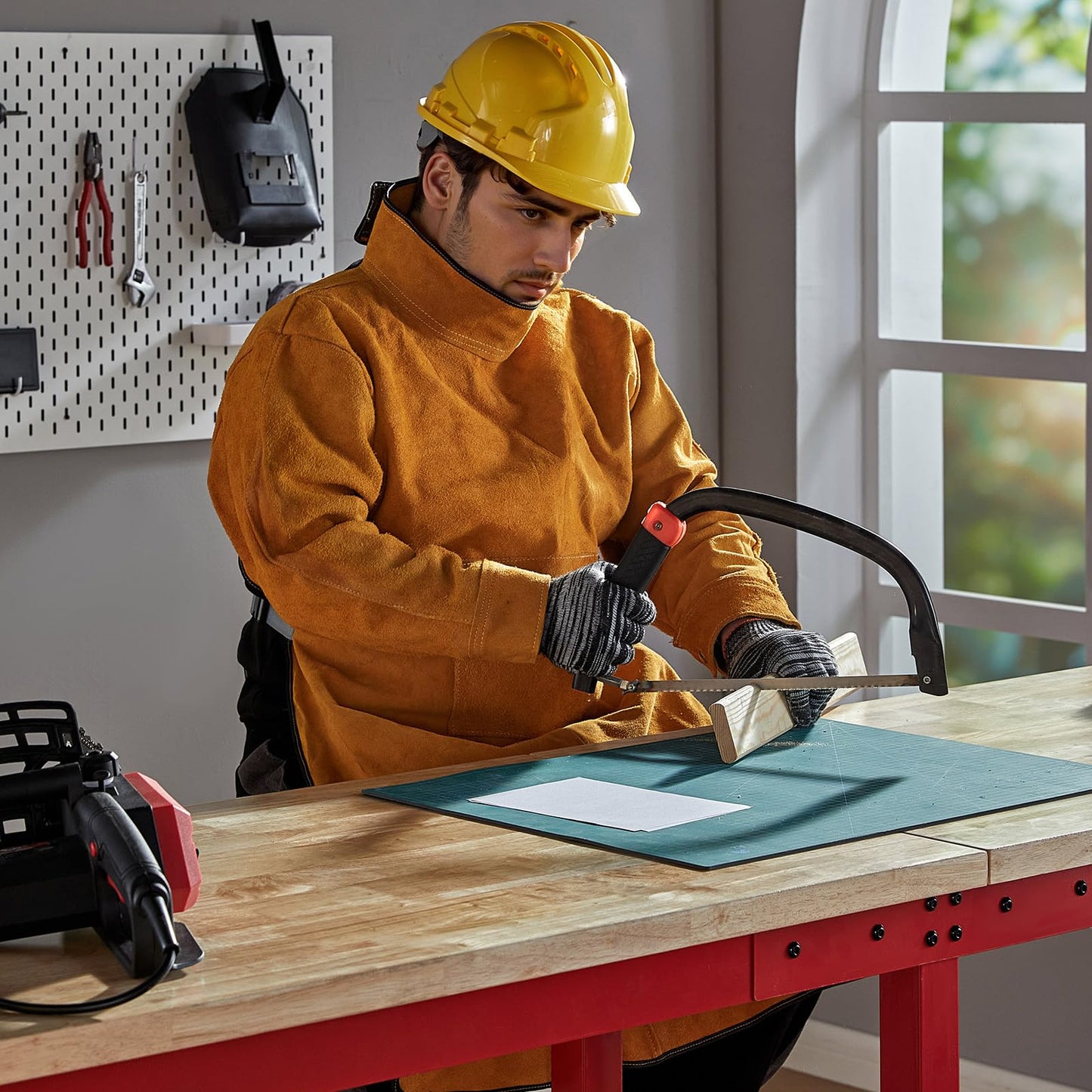 Albott 44x20 Adjustable Workbench with Power Outlets, 2000 LBs Heavy Duty Work Table with Hooks, Solid Rubber Wood Top, for Garage, Woodworking, Workshop, Home Office, Red