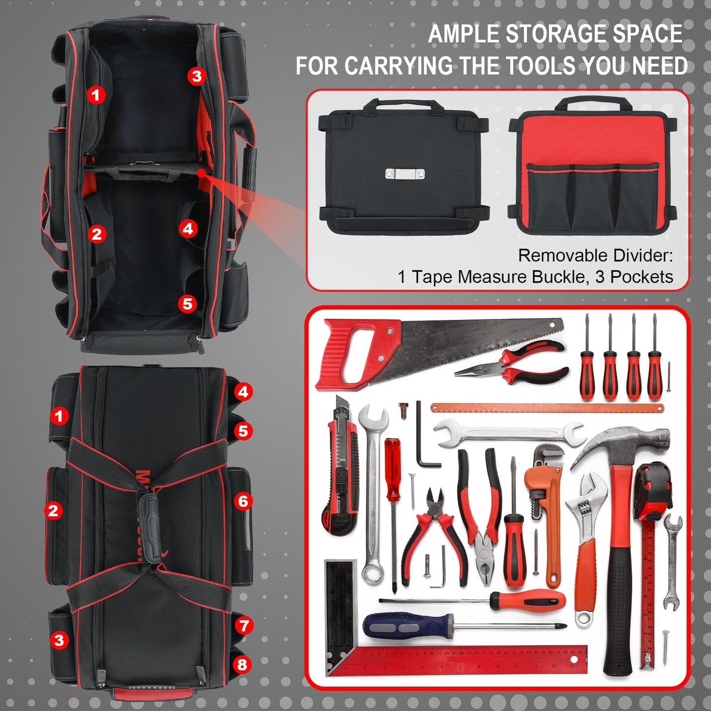 MELOTOUGH Rolling Tool Bag with Wheels,Large Capacity Tool Bag Organizer with Concealed Telescoping Handle for Electrician,Construction,HVAC,Technician (Red/Black)