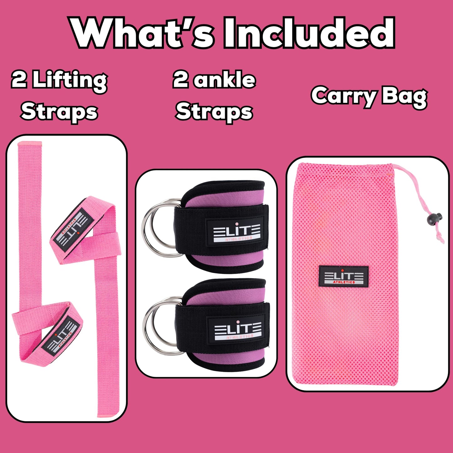 Elite Athletics Ankle Strap for Cable Machine, Gym Ankle Cuff for Cable Kickback, plus Wrist Lifting Straps for Weightlifting, Deadlift and Carry Bag (Pink)