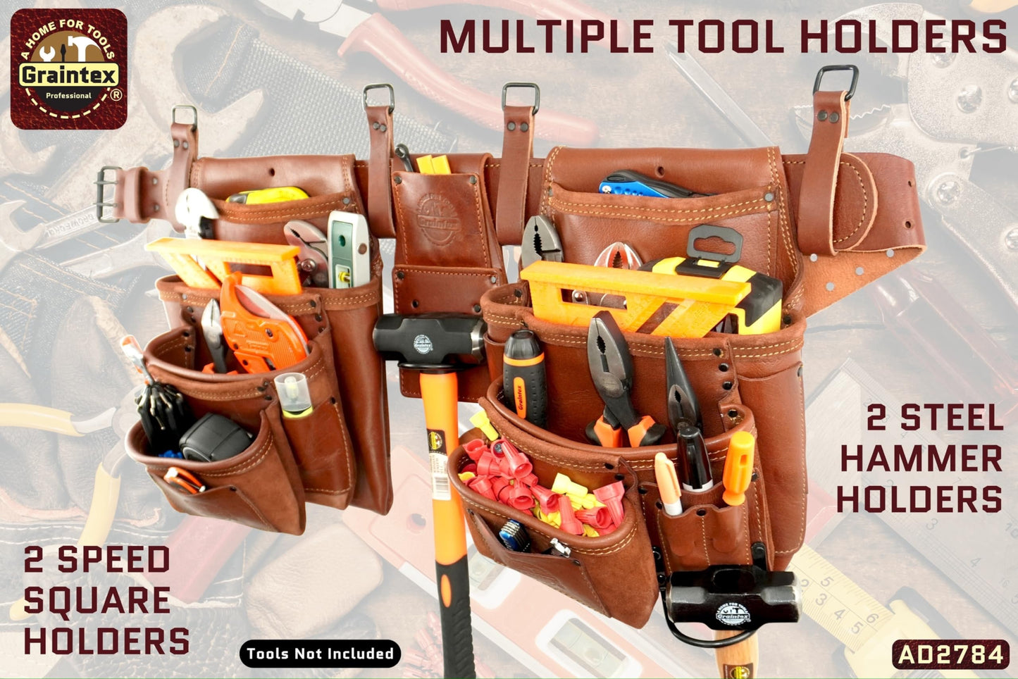 GRAINTEX AD2784 :: 4 Piece 17 Pocket Framer's Tool Belt Combo Ambassador Series Chestnut Brown Color Grain Leather
