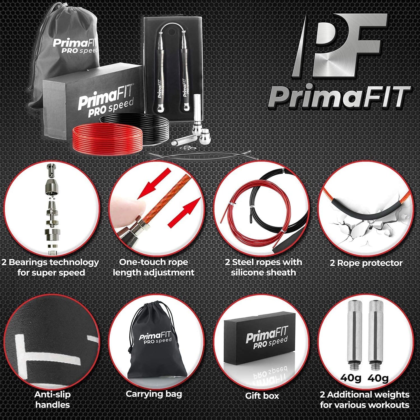 PrimaFIT Jump Rope Pro Speed Skipping Rope Adjustable Adult Jumping Rope Weighted Aluminium Handles for Double Dutch Boxing Workout Crossfit Exercise Fitness Spare Cable Weights Protectors Carry Bag