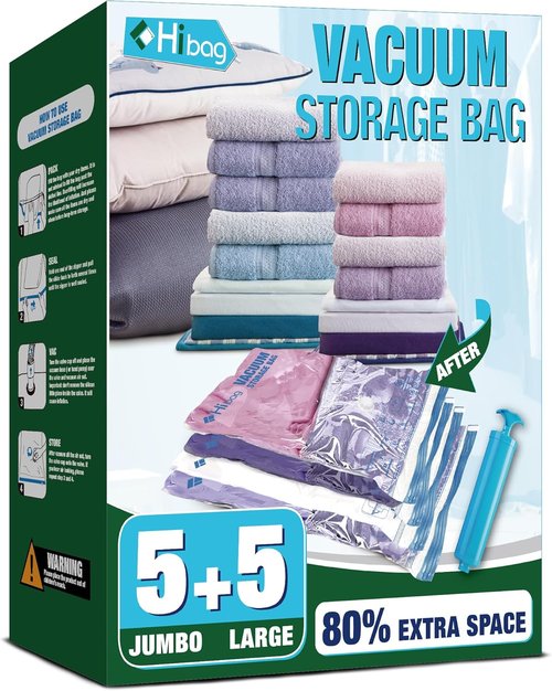 HIBAG Vacuum Storage Bags - 10 Jumbo & Large Space Saver Bags for Clothing & Bedding, Zipper Closure
