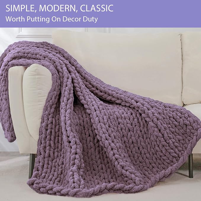 Bigacogo Chunky Knit Throw Blanket for Couch, 40x40 inches, 100% Hand Knitted with Thick Jumbo Chenille Yarn, Cozy Soft Large Rope Knot Cable Crochet Blankets for Sofa Bed Living Room, Winter Grape