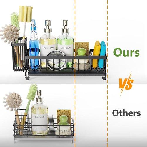 Cisily Extra Large Sink Caddy Organizer - Black Sponge & Dish Brush Holder for Kitchen Storage