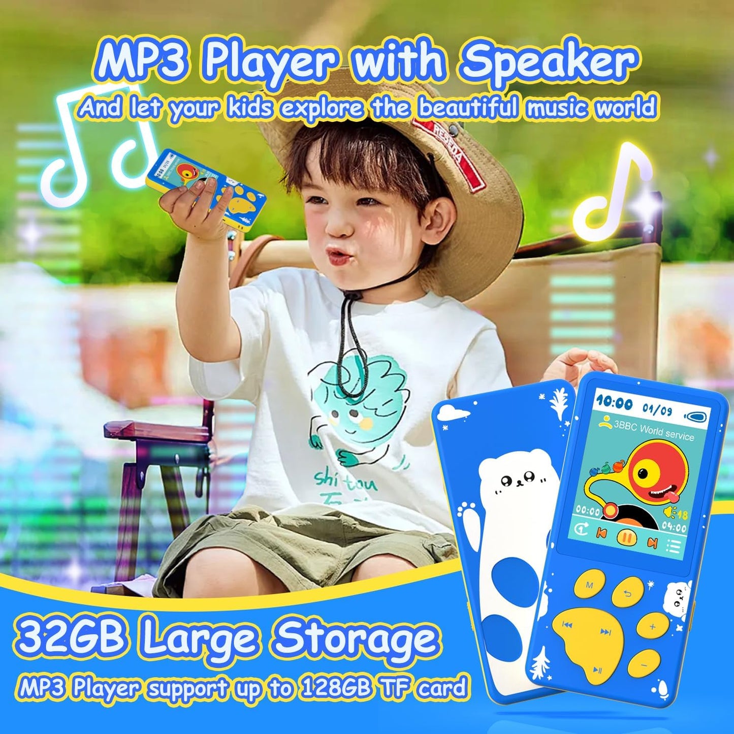 wiwoo MP3 Kids,32GB MP3 2.4 inch 128GB Player for Kids Player with Bluetooth,Speaker, Color Screen,Soothing