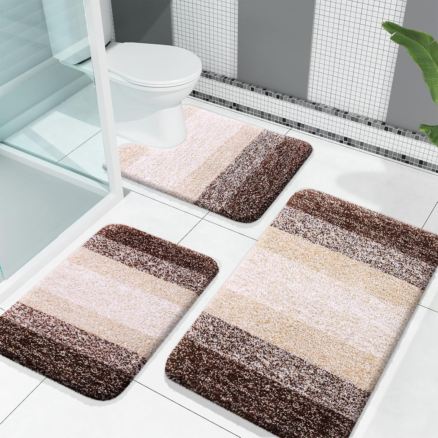 OLANLY Bathroom Rug Set - Soft Absorbent Microfiber Mats & U-Shaped Contour Rug | 3-Piece Brown Set (30"x20", 24"x16", 24"x20")