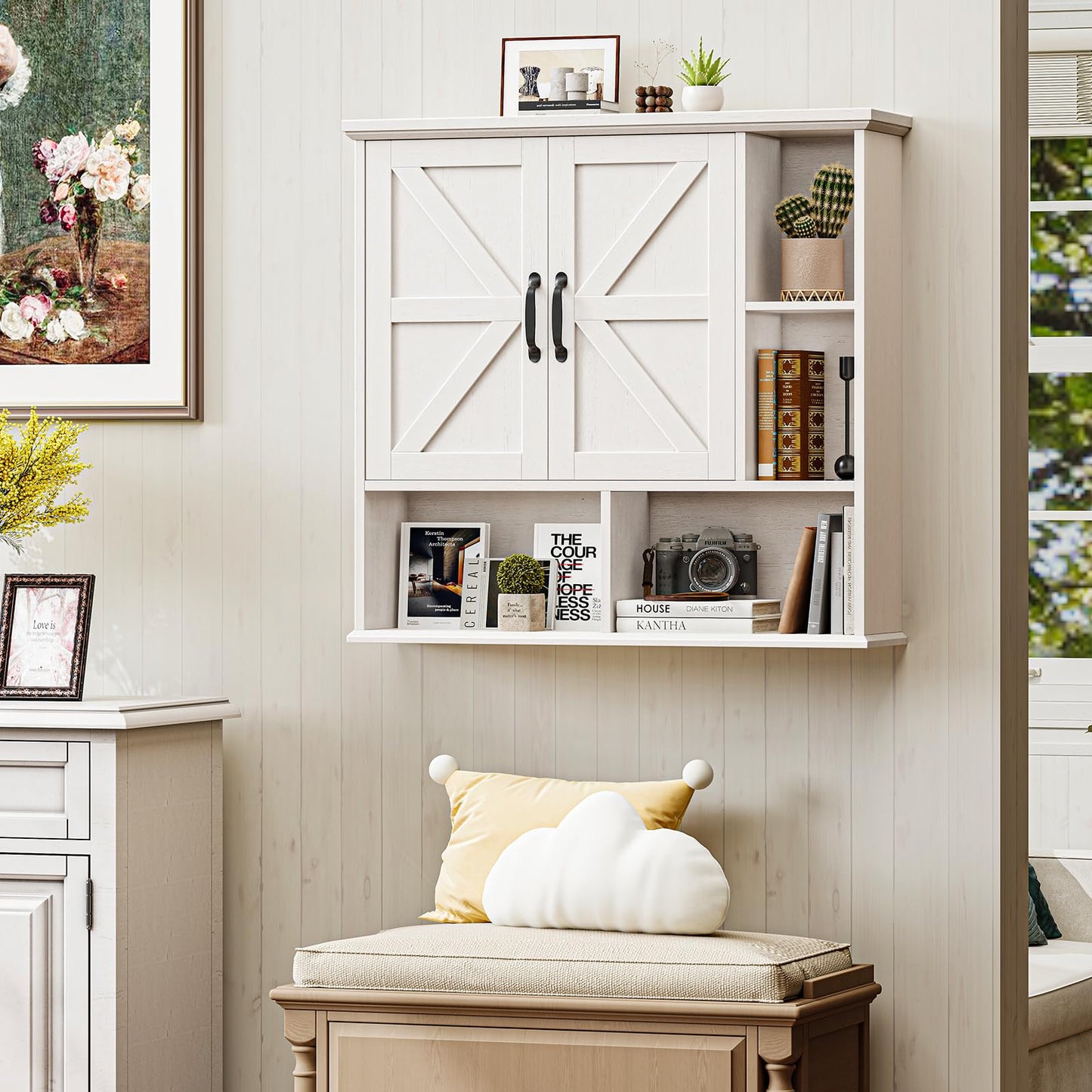 Vabches Bathroom Wall Cabinet, Farmhouse Medicine Cabinet with Double Barn Door and Adjustable Wood Shelf, Over The Toilet Storage Cabinet for Wall Mounted for Bathroom Laundry Room Kitchen (White)