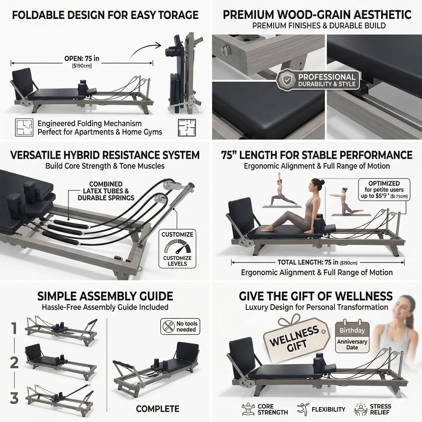 75" Foldable Pilates Reformer for Home – Professional Wood-Grain Pilates Bed with Resistance Springs & Latex Tubes, Compact Fitness Gift for Petite Women up to 5'9", Easy Assembly Workout Machine