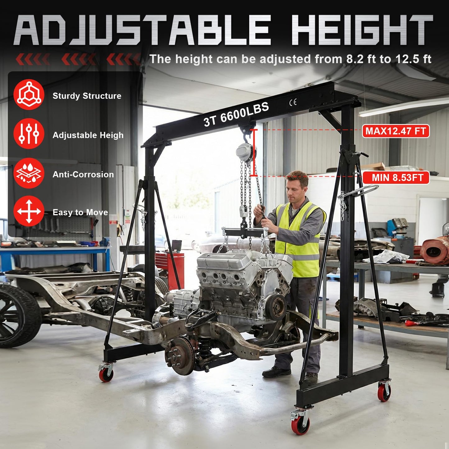 3 Ton 6600 LBS Gantry Crane, Portable Shop Hoist with Wheels, Adjustable Height 8.5-12.5 FT, Heavy Duty Steel I-Beam Gantry Crane with Trolley for Warehouse, Factory, Auto Repair & Construction
