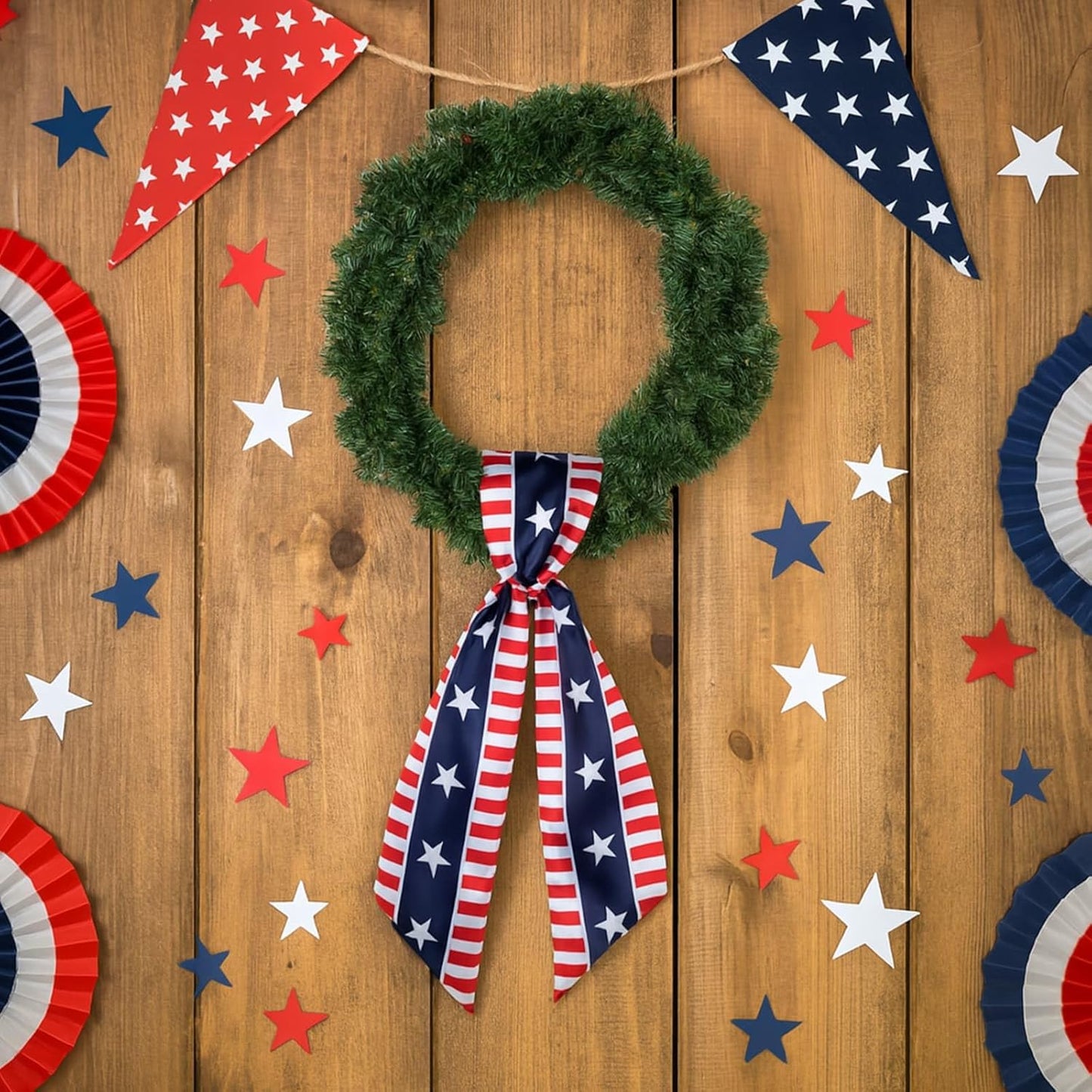 YKW Patriotic Wreath Sash - Premium Cotton Linen, 2 Pack, 5" W x 56" L, Red White Blue Stars & Stripes Decor