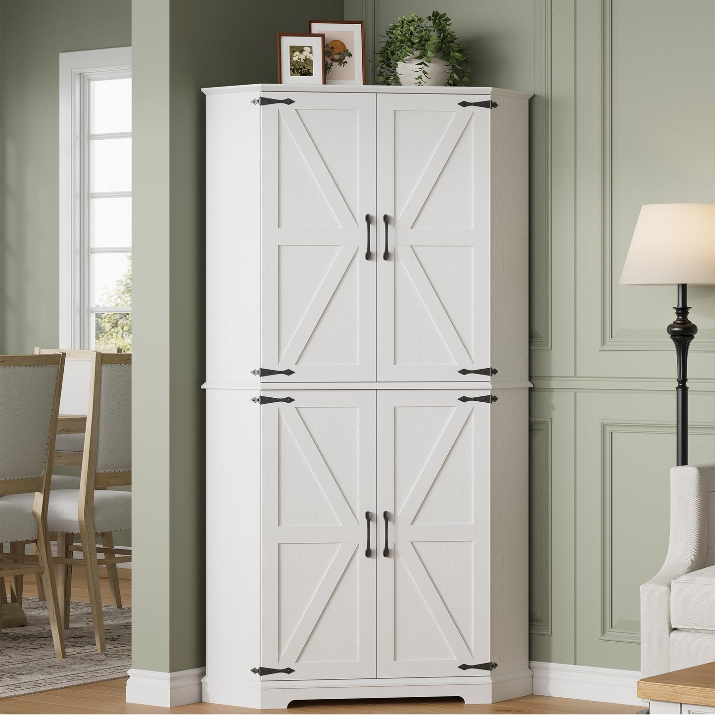 IRONCK Corner Cabinet, 72" Kitchen Pantry Cabinet, 6-Tier Freestanding Farmhouse Pantry with 2 Adjustable Shelves, 240°Swivel Doors, 2 Doors Storage, Spacious Hutch for Kitchen, Living Room, White